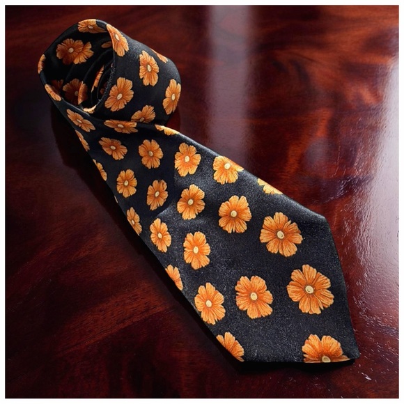 Bijan Black Silk Floral Tie - Orange Daisy Print | Statement Luxury Neckwear - Picture 9 of 15